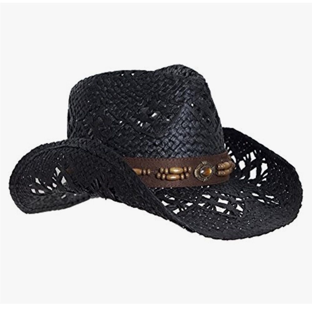 Vamuss Straw Cowboy Hat W/Vegan Leather Band & Beads, Shapeable Brim 57CM